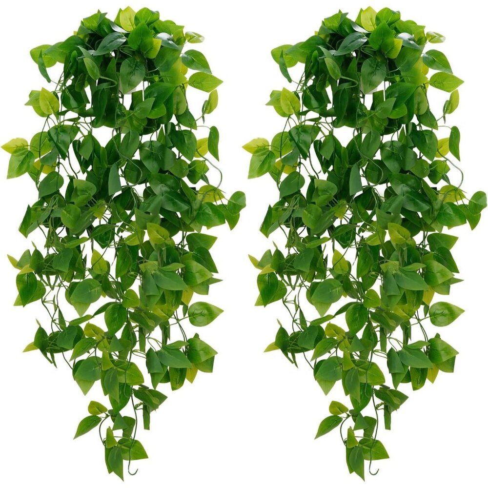 Fake Hanging Plants, 2pcs Artificial Hanging Plant, Faux Pothos Vines Greenery f